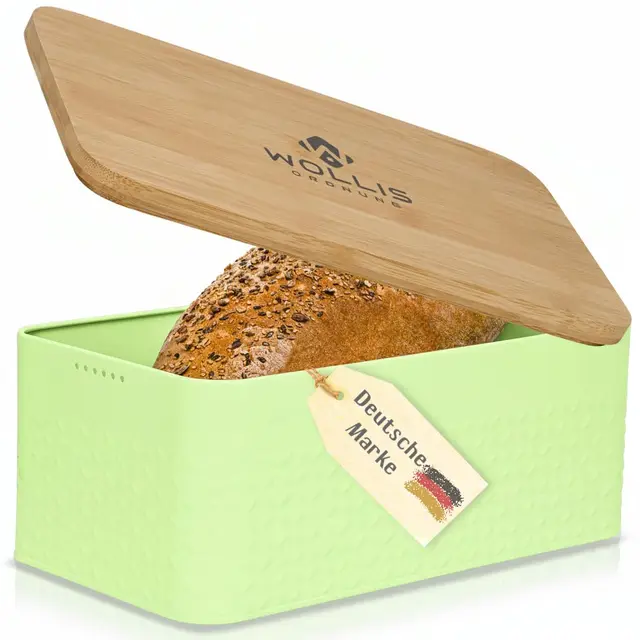 WOLLIS ORDNUNG Brotkasten Metall mit Bambusdeckel Grün
