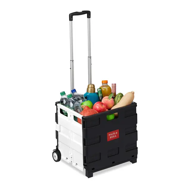 Relaxdays Einkaufstrolley klappbar, mit Teleskopgriff, Rollen, Transporttrolley bis 35 kg, 50 Liter Kiste, schwarz/grau