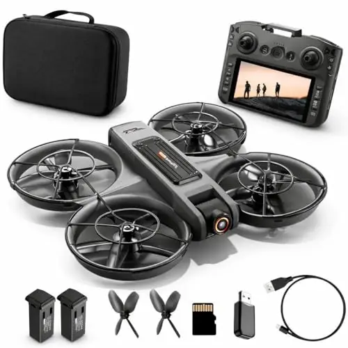 Drohne mit Kamera & Display Fernbedienung, Brushless Motor, Dual Kamera 90° verstellbar, FPV Live-Übertragung, Optical Flow, 360° Flip, LED, Anfänger & Kinder geeignet (Schwarz, Akkus: 2 St.)