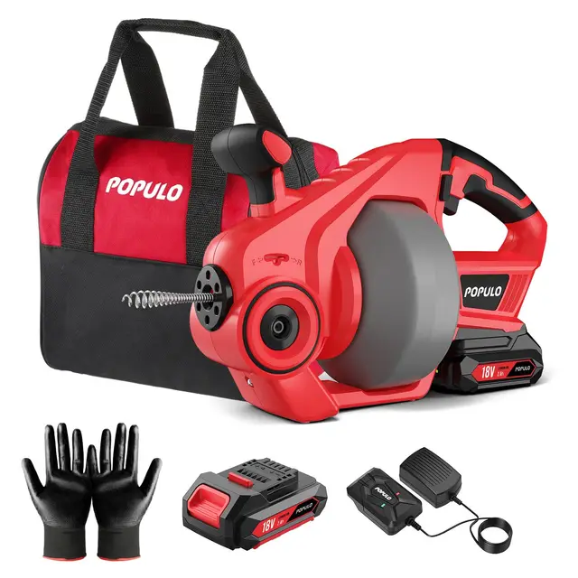 POPULO Rohrreinigungsspirale Akku-Rohrreiniger, 7,6m 18V Elektrischer Abflussreiniger für 18-65mm Rohrverstopfungen Verwendet, Geeignet für WC, Kanalisation, Badewanne, Küchenspüle und Waschbecken
