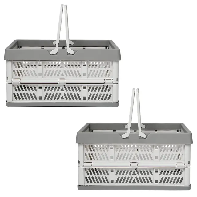 2 Stück Camping Klappbox Plastik mit Griffen Platzsparend Faltkiste Einkaufskorb Faltbar Aufbewahrungskorb Faltbar für Küche Bad Büro Schlafzimmer Schrank(38x25x20cm)