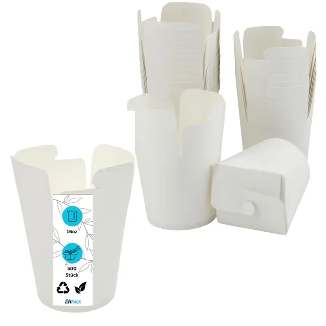 Enpack 500ml/16oz Nudelboxen in weiß aus robustem Kraftpapier - Stapelbare, wiederverschließbare und nachhaltige Asia Box für den Transport von Asia Nudeln, Döner und anderen Take-Away-Gerichten