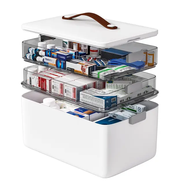 IMHO 3-stöckige Medizin Organizer Box, groß, leer, Erste-Hilfe-Kasten mit Griff, tragbarer Aufbewahrungskoffer für Zuhause, Reisen, Auto, Camping, Notfallvorsorge, Kunststoff, Weiß