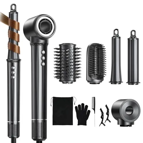 Airstyler 5 in 1, 110000 U/min Ionen Föhn mit 2 Größe Lockenstab Automatisch, Volumenbürste, Haarglätter Bürste, Multifunktionaler Hairstyler zum Schnelltrocknend, Macht Haar Glatt und Glänzend