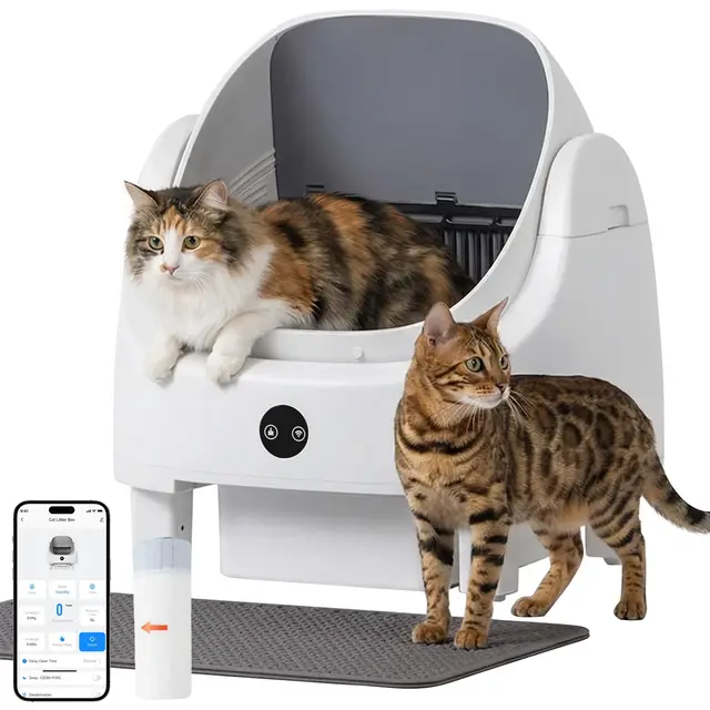 Selbstreinigende Katzentoilette, Katzenklo Selbstreinigend mit Sicherheits Geruchskontrolle, Automatischer App-Steuerung für Katzen, Inklusive Katzenstreumatte,Müllbeutel und Duftbox, Weiß