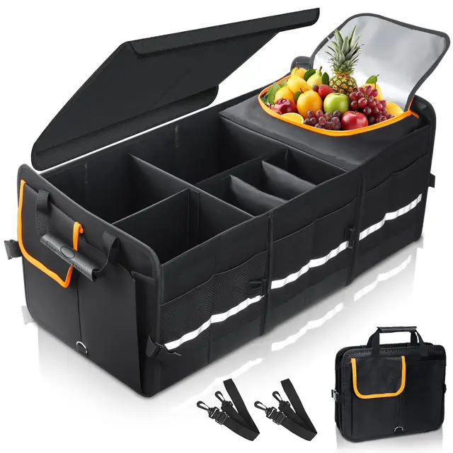 Storystore Kofferraum Organizer mit Deckel, Extra Großer 92L Kofferraumtasche mit Kühltasche, Zusammenklappbarer Auto Organizer Kofferraum mit Fächern, Kofferraumtasche Klappbox Auto Aufbewahrungsbox