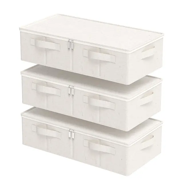 Unterbett Aufbewahrungsbox, Faltbare Tasche für Bettlaken mit Deckel, Unterbettbox Organizer mit Reißverschluss, für Kissen Kleidung Decken Bettdecken, 60×30×15cm, Beige, 3 Stück