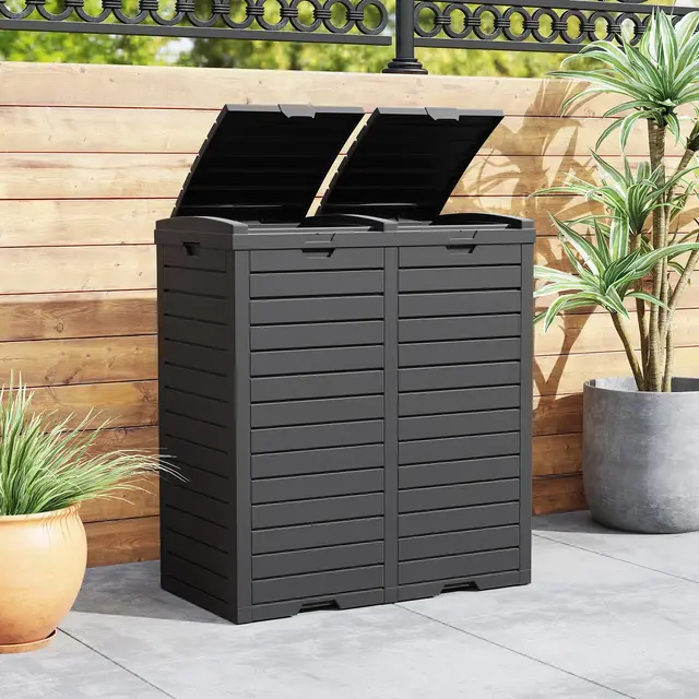 GIANTEX Mülleimer 2 Fächer Outdoor, 235 L, Abfalleimer mit Doppeldeckel & Griff, Mülltonne Abfalltonne Garten, Abfallcontainer mit ausziehbarer Auffangschale, wasserdichter Müllbehälter Müllcontainer