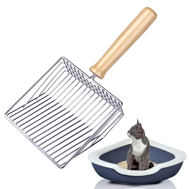 Katzenstreuschaufel, Katzenklo Schaufel Metall, Katzenstreu Schaufel mit Holzgriff, Lochabstand 7mm, Länge 28cm, Litter Box Scoop, Cat Litter Scoop, Katzenschaufel für Katzenklo