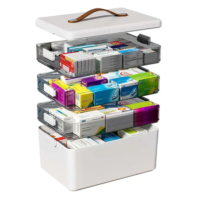 4-Lagige Medikamentenbox, Lichtschützendem Halbtransparentem Medikamenten Aufbewahrung, Tragbare Multifunktionale Hausapotheke für Medikamente, Kosmetik, Spielzeug, Werkzeuge und Kleinteile
