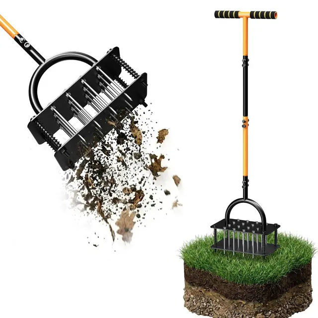 Rasenlüfter Aerifizierer für Rasen, manueller Rasenbelüfter mit 16 Metallspikes & T-Griff, für Verdichtete Böden, Garten & Rasenpflege
