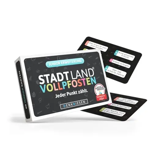 DENKRIESEN - Stadt Land VOLLPFOSTEN® - Das Brettspiel ERWEITERUNG | +354 Kategorien (Junior Edition) | Offizielles Erweiterungsset für das Stadt Land Vollpfosten Brettspiel | Familienspaß
