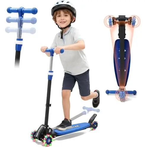 Scooter Roller Kinder 6-12 Jahre,3 Räder Kinderroller mit LED Leuchtende Räder für Jungen und Mädchen, 70-84cm 3 Stufen höhenverstellbarer Roller, Lean to Steer,Rutschfestes Deck