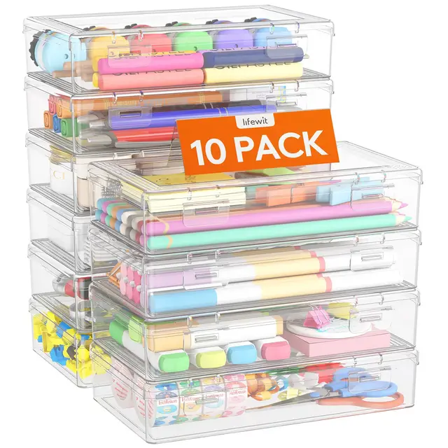 Lifewit 1L Stiftebox mit Snap-Dicht Deckel, Kunststoff Stifte Box Aufbewahrung Kinder, Bürobedarf Organizer, Klar Aufbewahrungsbox für Bastelbedarf Werkzeugteile, Art Craft, 10 Pack, 20 x 12 cm/8x4.6