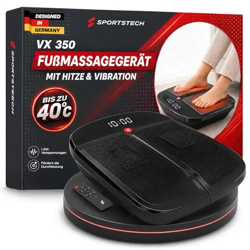 Sportstech Fußmassagegerät mit Wärmefunktion & Vibration | Akupressur Fußreflexzonen-Massage gegen kalte Füße & müde Beine | 5 Programme, 20 Stufen, Fernbedienung, LED-Display | VX350