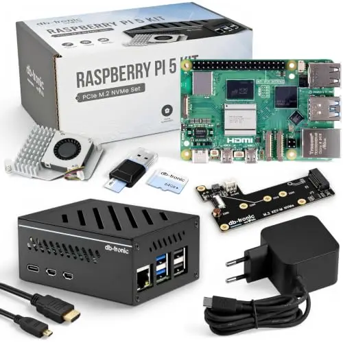 db-tronic Raspberry Pi 5 8GB PCIe M.2 NVMe Set | 64GB Edition | Netzteil 27W | Metallgehäuse | Active Cooler | M.2 NVMe SSD PCIe Board | Ideal für Smart Home, Retro Gaming & Home Assistant
