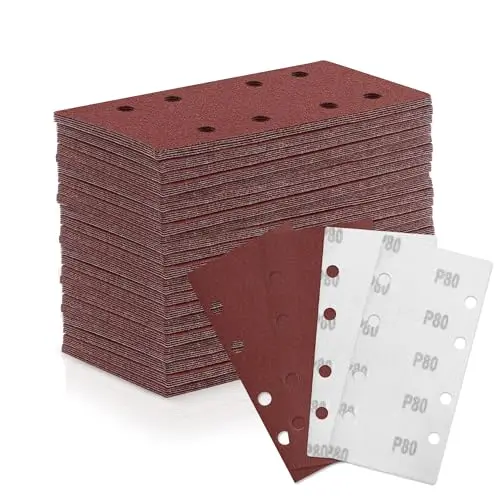 ZEHIQ 100 Stk Schleifblatt Set, 93mm x 185mm Schleifpapier Körnung 80, 8 Löcher Sandpapier mit Klett verschiedene Zubehör Materialien für Schwingschleifer