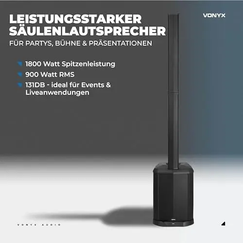 Vonyx VX822 Column Lautsprecher System, PA Anlage Aktiv, 1800 Watt Line Array Säulenlautsprecher, 12 Zoll Subwoofer, Stereo Pairing, Bluetooth 5.0, 4 Kanal, DJ Anlage Komplett Set, PA Speaker
