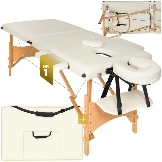 tectake® Massageliege klappbar mit 2 Zonen, Massagetisch tragbar mit 5cm Polsterung, höhenverstellbare, Mobile Massageliege, Massagebank mit Holzfüßen und Zubehör Tragetasche - beige