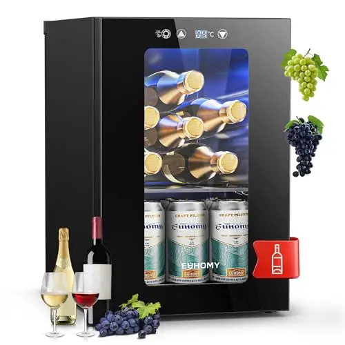 EUHOMY 18L Getränkekühlschrank für 24 Dosen, Mini Kühlschrank mit Glastür | LED, Digitalanzeige, verstellbares Regal, Bierkühler für Büro, Schlafzimmer, Bar