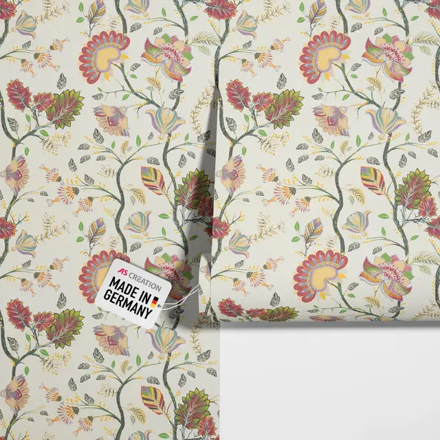 New Walls Florale Vliestapete Blüten Blumenranken Äste in rot, grün, beige – 10,05 x 0,53 m