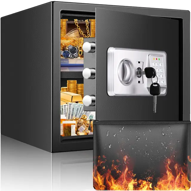 Safe Tresor Feuerfest mit Feuerfester Wasserdichter Geldtasche, 40L Digitaler Heimtresor mit Herausnehmbares Regal und Alarmanlage, Wandtresor Möbeltresor für Schmuck Bargeld Medikamente A4 Dokumente