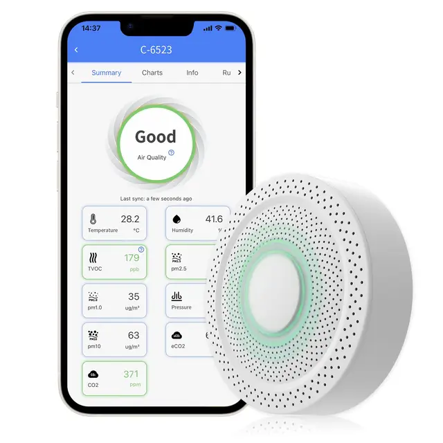 UbiBot AQS1 9-in-1 Luftqualitätsmonitor - PM1/2.5/10, TVOC, CO2/CO2e, Temperatur & Luftfeuchtigkeit, mehrere Alarme, WiFi/RS485 Konnektivität, kostenlose öffentliche Cloud-Plattform, Unterstützung LAN