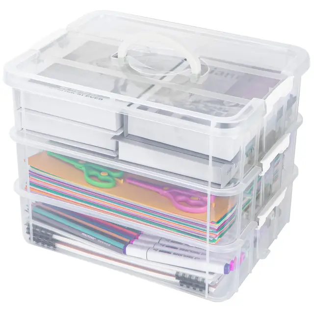 Creahaus 3-Stöckige Aufbewahrungsbox mit Deckel für Bastelarbeiten,Stapelbare Aufbewahrungsboxen für Bastelmaterial,Nähkasten,Sortierbox,Nähgarn Aufbewahrung(weiß)