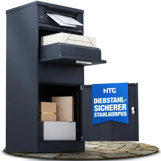 NTG Paketbox Draussen groß XXL – Wetterfest & Abschließbar – Paketbriefkasten XXL aus verzinktem Stahl – Standbriefkasten freistehend – Pakete bis 400x280x200mm – Inkl. 4 Schlüssel & Bodenmontage