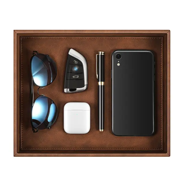 SITHON Lederschale Ablage, Kunstleder Tablett Organizer Ablage Aufbewahrungsbox klassisch Ablageschale Valet Tray für Handy Schmuck Schlüssel Kleingeld Geldbörse Uhren Brillen Büroausstattung, Braun