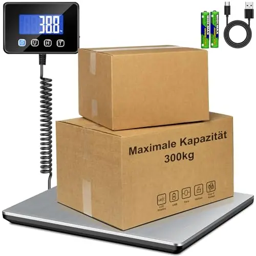 Paketwaage 300kg Plattformwaage 20g Genauigkeit Briefwaage, Kofferwaage für Pakete/Lager/Gepäck,Paketwaage mit LCD/Hold/Tara Funktion, Batterien&Typ-C