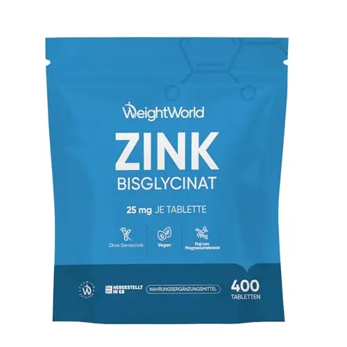 Zink Tabletten - 400 vegane Tabletten - 1+ Jahr Vorrat - Zinc trägt zur Aufrechterhaltung eines normalen Testosteronspiegels im Blut bei (EFSA) - Zink Bisglycinat - WeightWorld