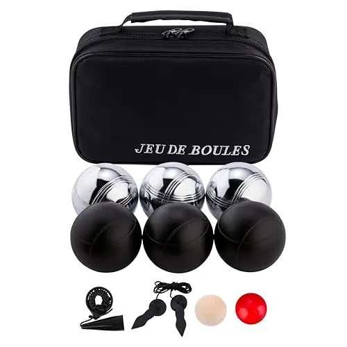 6-teiliges Metall Boule Set mit Tasche, 3 schwarzen & 3 silbernen Kugeln, Magnet, Distanzmesser & Holz-Cochonnet – Boccia / Botcha Spiel für Kinder & Familien - Petanque, Jeu de Boules – 010207