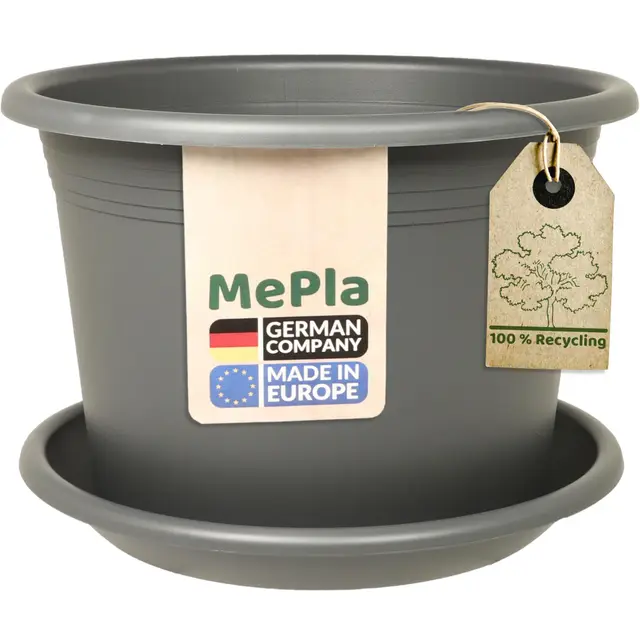 MePla - Blumentopf Pflanzkübel Cylindro ø60 cm + Untersetzer ø58 cm, Anthrazit, wetterfest aus UV-beständigem Kunststoff