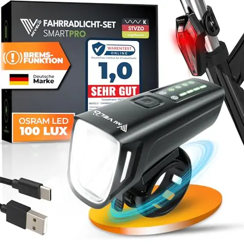 MIVELO SMART Fahrradlicht Set 100LUX, 2000mAh Power-Akku, Auto-Sensor, StVZO zugelassen, USB aufladbar & wasserdicht, Fahrradlampe vorne & Fahrrad Rücklicht, LED Fahrradbeleuchtung