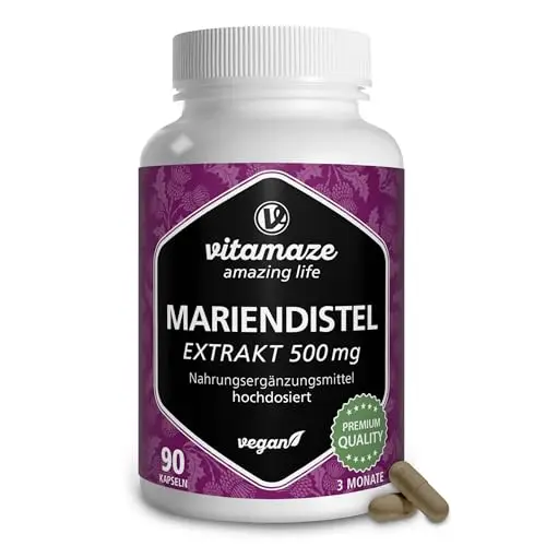 Mariendistel Kapseln hochdosiert, 500 mg in 1 Kapsel mit 80% Silymarin, 90 Kapseln für 3 Monate, Vegan, Natürliche Nahrungsergänzung ohne Zusatzstoffe, Made in Germany