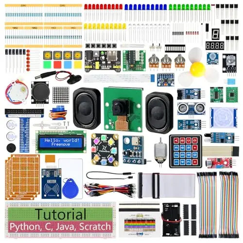 Freenove Komplettes Starter Kit für Raspberry Pi 5 4 B 3 B+ 500 Zero 2 W, 1170-Seiten-Tutorial, Python C Java Scratch Processing Code, 386 Artikel, 164 Projekte, Kamera Lautsprecher