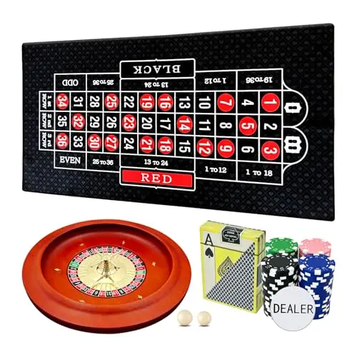 27,9 cm massives Roulette-Rad Set für Erwachsene, mit 47,2 x 22,8 Zoll doppelseitiger Tisch-Layout-Filzmatte, 100 ABS-Chips, und Dealer-Knopf-Spielkarten, Casino-Roulette-Spielsets