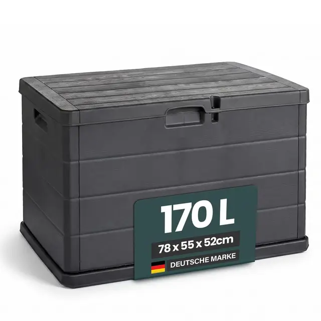 Kreher® XL Kissenbox/Gartenbox 170 Liter oder 340 Liter Nutzvolumen in moderner Holz Optik in Anthrazit! Robust, abwaschbar und einfach im Aufbau! (170 L)