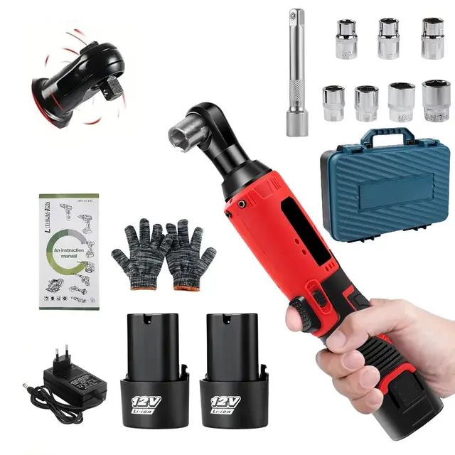 Akku Ratsche 3/8 Zoll, 12V 35N.m Elektrische Ratschenschlüssel mit 7 Steckdosen, 0-320RPM 2x1,5Ah Batterien & Schnellladung, LED-Licht, Akku Ratschenschrauber für Autos, Möbel