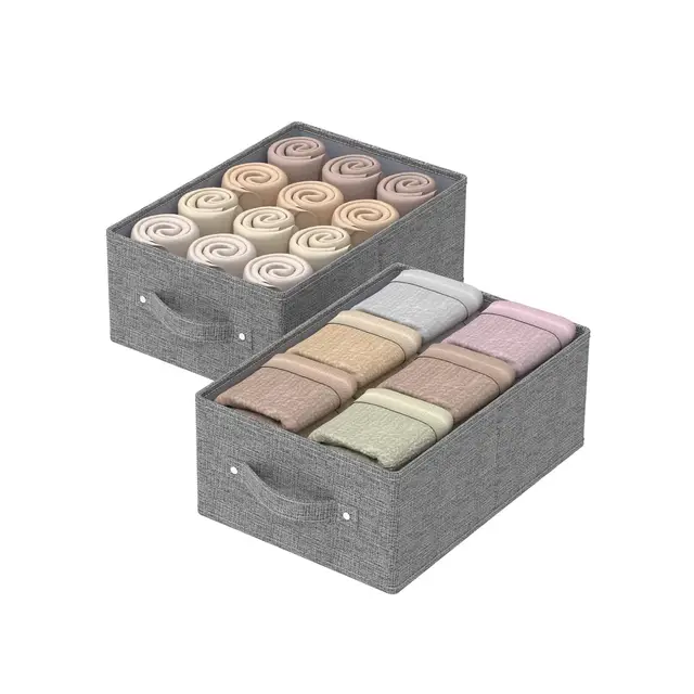 2 Stück Aufbewahrungskörbe für Regale, Faltbare Stoff Aufbewahrungsbox aus Leinen, Schubladen Organizer Box mit Griffen für Schrank, offene Stoffbehälter, 33×23×14 cm, Grau