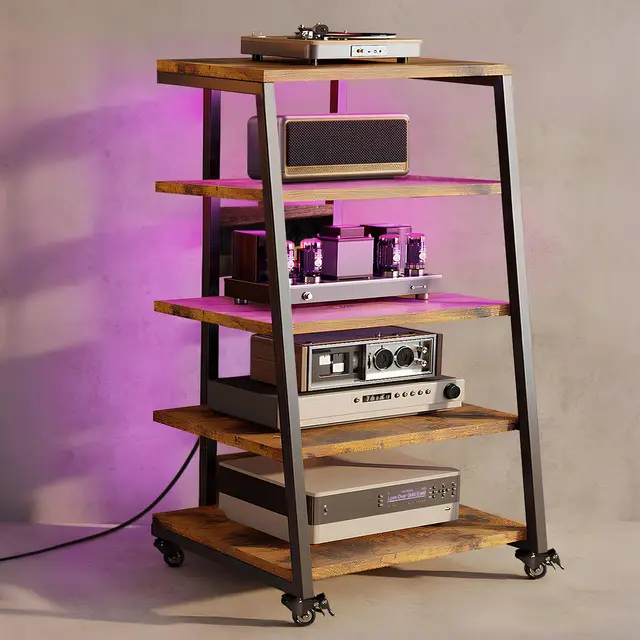 5-stufiger HiFi Rack mit Rädern, Plattenspieler Tisch mit Steckdosenleisten, LED-Leuchten, Verstellbaren Ablage Holz Medienständer HiFi Regal für Audioanlage, Stereoanlagen, 60 x 52 x 110 cm
