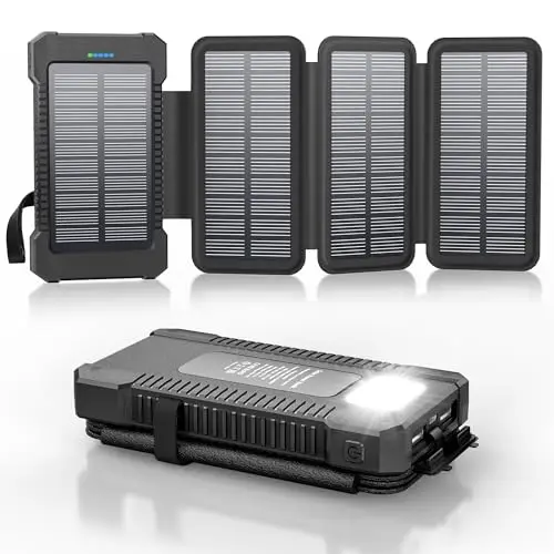 Solar Powerbank 26800 mAh, Powerbank USB-C 18W Schnellladung für iPhone Samsung und mehr, IPX7 wasserdichte Outdoor Externe Akkus mit Taschenlampen-Dauerlicht/SOS/Stroboskop (Schwarz)
