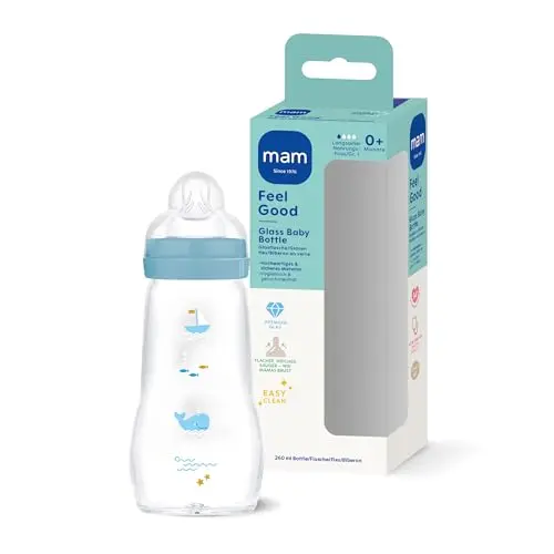 MAM Feel Good Glass Bottle Babyflasche | 0+ Monate | Stillfreundliche Milchflasche für Neugeborene | 94% Akzeptanz | Trinkflasche für Babys mit Sauger Gr. 1 | 260 ml | Wal