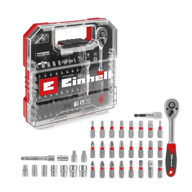 Original Einhell L-CASE 37-tlg. Bit- und Ratschen-Set (25-mm-Bits, Ratsche, Schnellwechselbithalter, Steckschlüssel, Adapter, Stecknussverlängerung inkl. Aufbewahrungsbox)