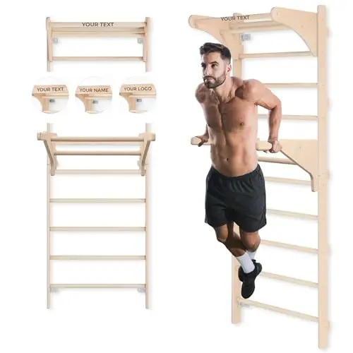 MAMOI® Turnleiter zur Wandmontage für Erwachsene mit Klimmzuggriff und Dip-Barren, erweiterte Trainingsstation für das Training zu Hause, personalisierbar