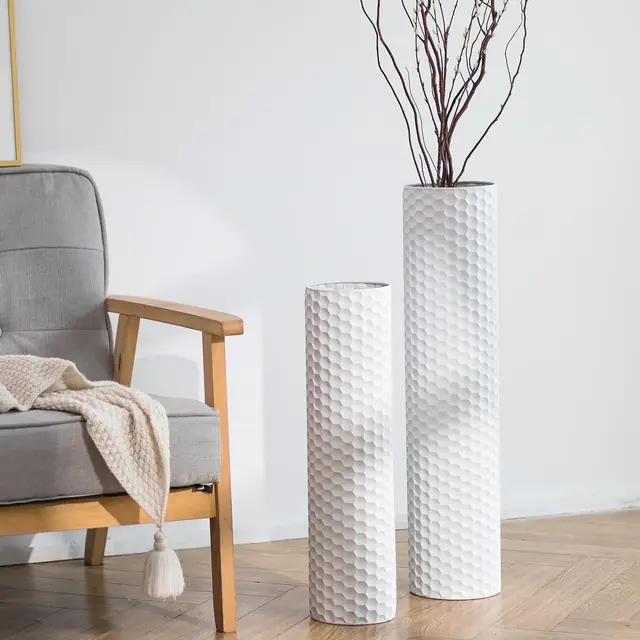 Sziqiqi Bodenvase Groß Weiß Vintage: 70/55 cm Hoch Vase Große Set of 2 - Metall Zylinder Bodenvasen Standvase für Boden für Wohnzimmer Esszimmer Schlafzimmer Corner Flur Büro