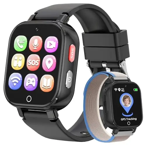4G Smartwatch Kinder mit Videoanruf, GPS, SOS, Voice Chat, IP68 Wasserdicht, Schulmodus, Schrittzähler, Wecker, Lernspiele, Kinderuhr Geschenk für Jungen und Mädchen 4-12 Jahren (Schwarz-8A)