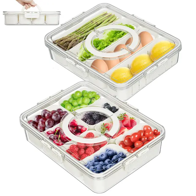 Snackbox mit Fächern, 2 Stück Snack Box mit Deckel, Obst und Gemüse Tablett mit 8+4 Fächern, Snackschale für Gewürzlagerbehälter Süßigkeiten Veggie Keks Nüsse Desserts