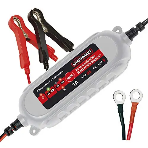 Dino KRAFTPAKET 1A-6V/12V intelligentes und automatisches Batterieladegerät | Für Blei-Säure, GEL, Start/Stopp EFB, AGM-Batterie | KFZ-Ladegerät für Motorrad, Scooter, Motorroller, PKW, Boot